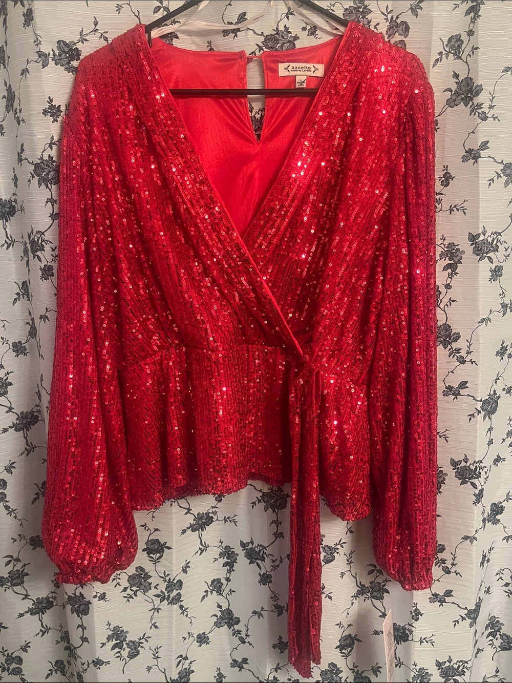 Nanette Lepore NWT Lava Red Sequins Faux Wrap Blouse - Picture 3 of 7